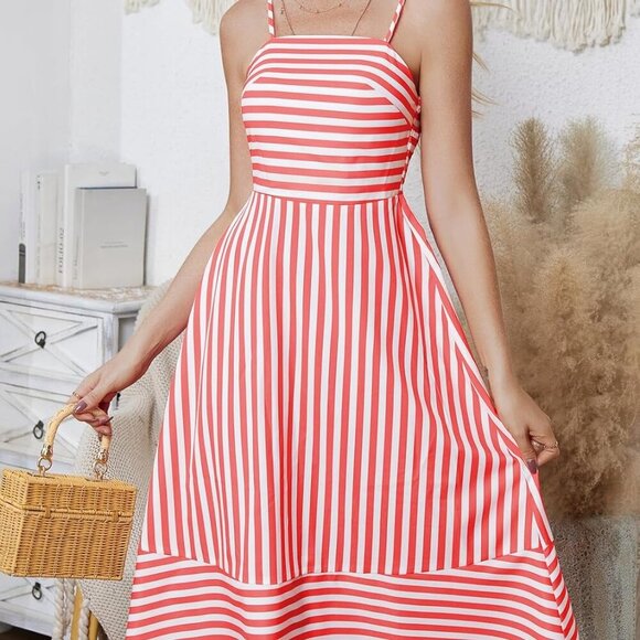 Striped Sleeveless Midi Dress for Women Spaghetti Strap Backless Beach Summer - Picture 3 of 6